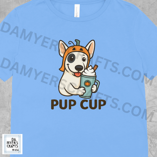 Bull Terrier With Pumpkin Spice Latte "Pup Cup" Fall T-Shirt! (White)