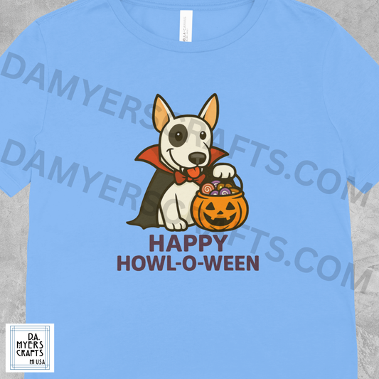 Bull Terrier Dressed As Vampire "Happy Howl-O-Ween" Halloween T-Shirt!