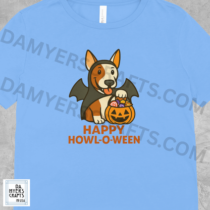 Bull Terrier Dressed As Bat "Happy Howl-O-Ween" Halloween T-Shirt!