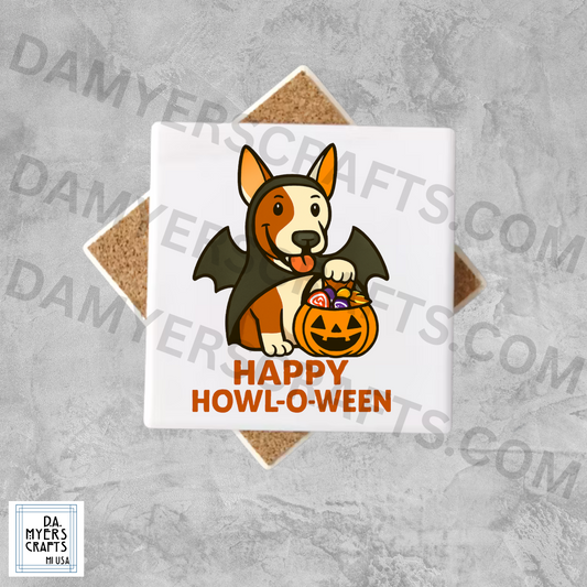 Bull Terrier Dressed As Bat "Happy Howl-O-Ween" Halloween Coaster
