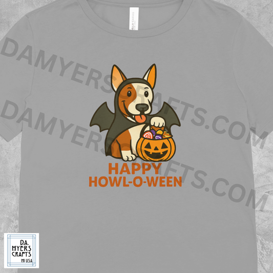 Bull Terrier Dressed As Bat "Happy Howl-O-Ween" Halloween T-Shirt!