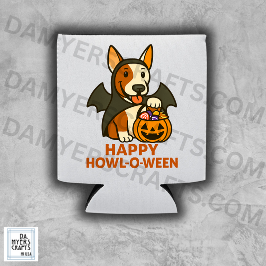 Bull Terrier Dressed As Bat "Happy Howl-O-Ween" Halloween Koozie/Can Cooler