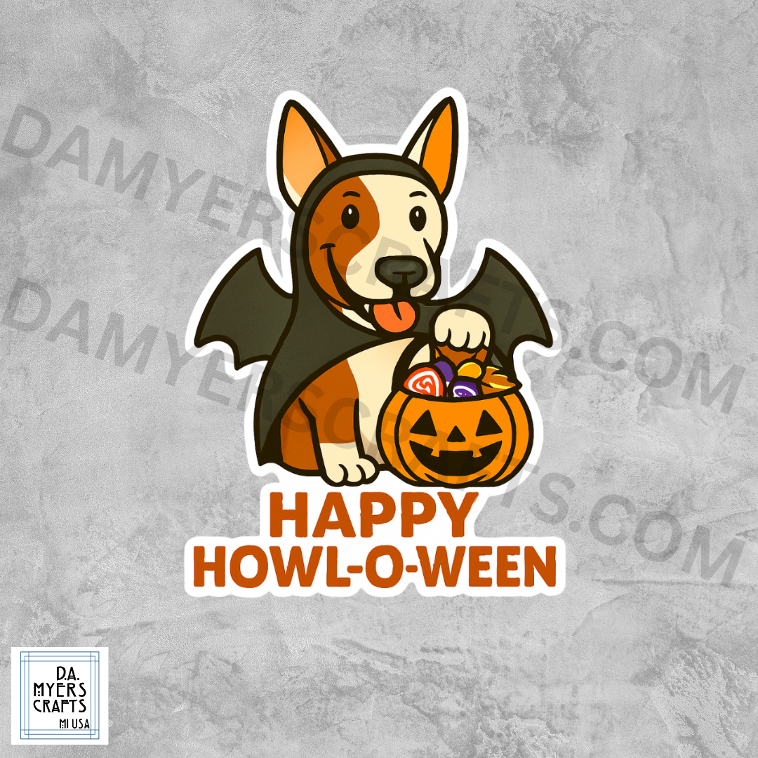 Bull Terrier Dressed As Bat "Happy Howl-O-Ween" Halloween Sticker!