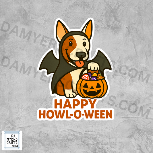 Bull Terrier Dressed As Bat "Happy Howl-O-Ween" Halloween Sticker!