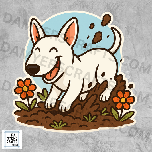 Bull Terrier White Digging in Garden Sticker!
