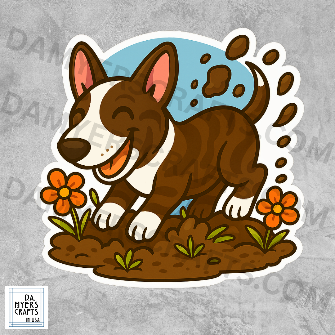 Bull Terrier Brindle Digging in Garden Sticker!