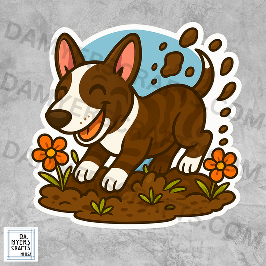 Bull Terrier Brindle Digging in Garden Sticker!