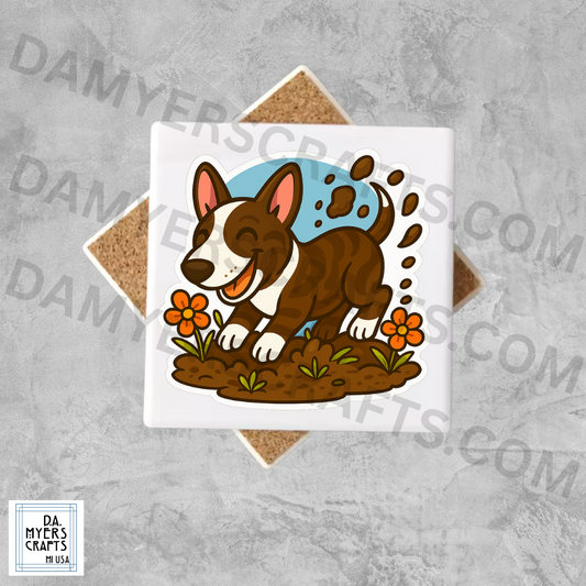 Bull Terrier Brindle Digging in Garden Coaster