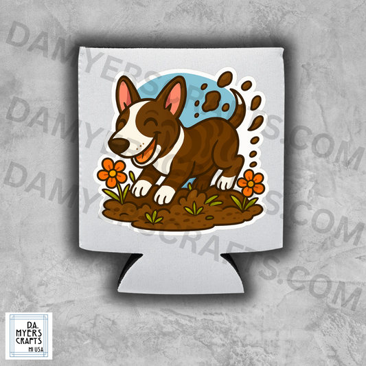 Bull Terrier Brindle Digging in Garden Koozie/Can Cooler
