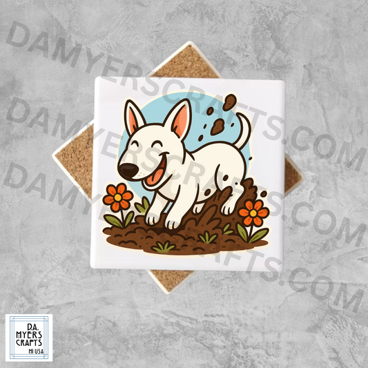 Bull Terrier White Digging in Garden Coaster