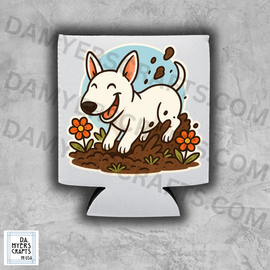 Bull Terrier White Digging in Garden Koozie/Can Cooler