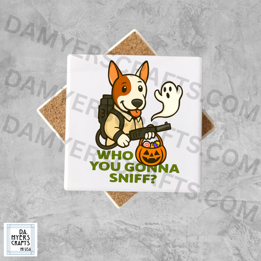 Bull Terrier Dressed As Ghostbuster "Who You Gonna Sniff?" Halloween Coaster