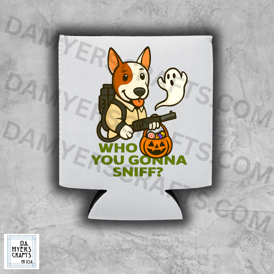 Bull Terrier Dressed As Ghostbuster "Who You Gonna Sniff?" Halloween Koozie/Can Cooler