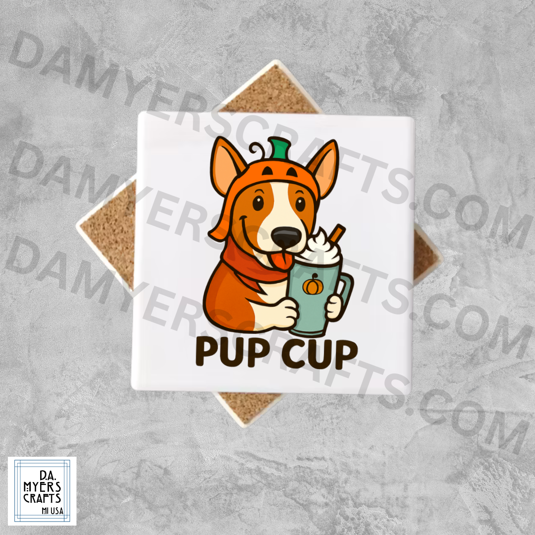 Bull Terrier With Pumpkin Spice Latte "Pup Cup" Fall Coaster (Brindle)