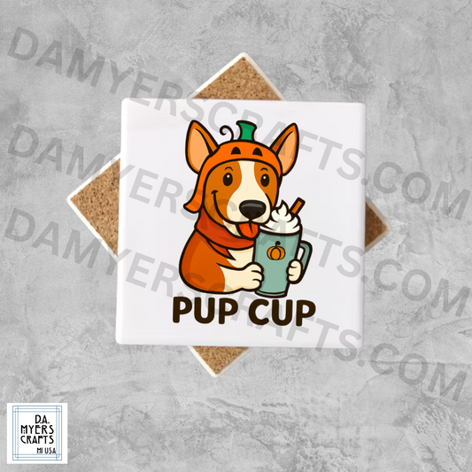 Bull Terrier With Pumpkin Spice Latte "Pup Cup" Fall Coaster (Brindle)