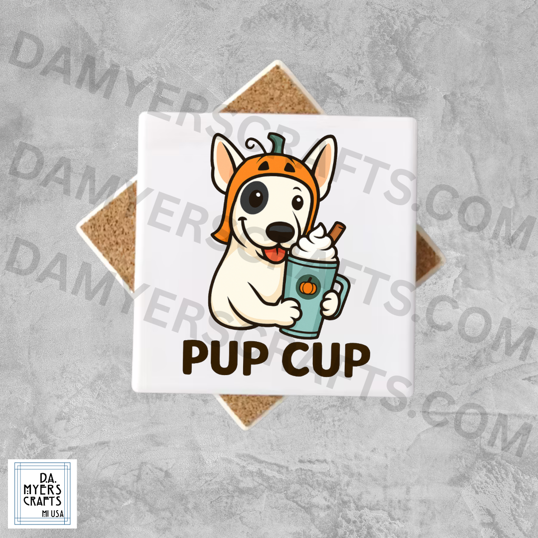 Bull Terrier With Pumpkin Spice Latte "Pup Cup" Fall Coaster (White)