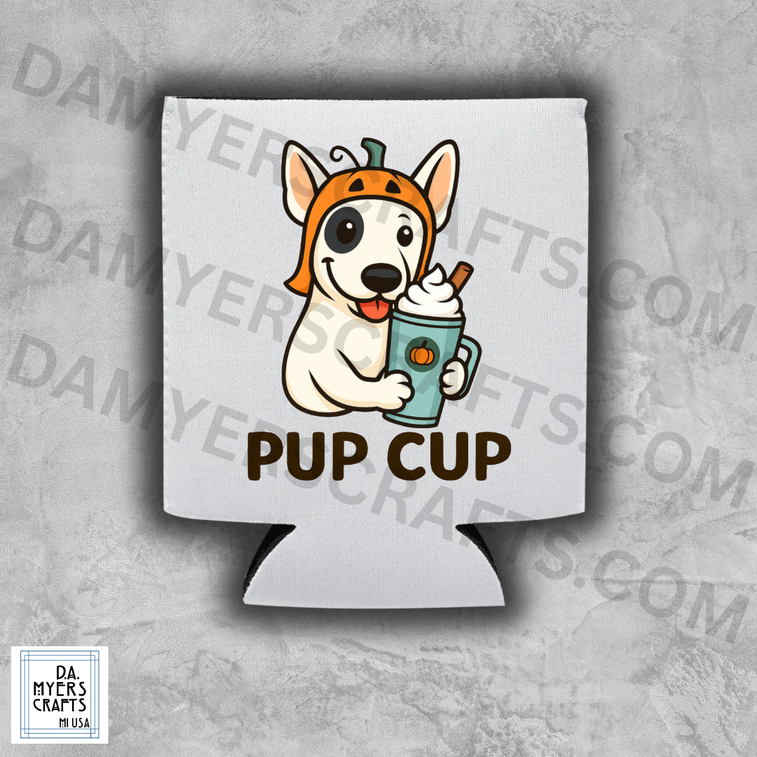 Bull Terrier With Pumpkin Spice Latte "Pup Cup" Fall Koozie/Can Cooler (White
