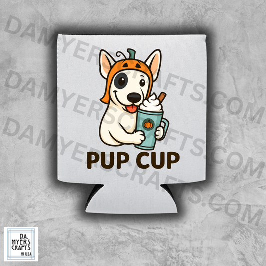 Bull Terrier With Pumpkin Spice Latte "Pup Cup" Fall Koozie/Can Cooler (White