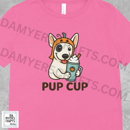 Bull Terrier With Pumpkin Spice Latte "Pup Cup" Fall T-Shirt! (White)