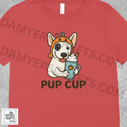 Bull Terrier With Pumpkin Spice Latte "Pup Cup" Fall T-Shirt! (White)