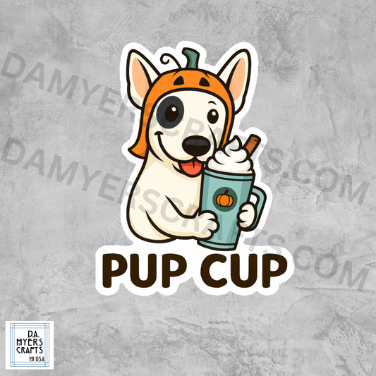 Bull Terrier With Pumpkin Spice Latte "Pup Cup" Fall Sticker! (White)