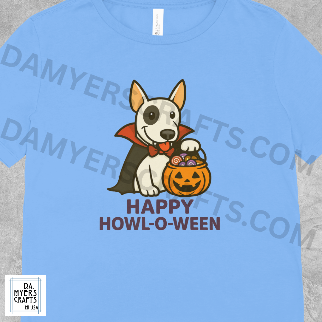 Bull Terrier Dressed As Vampire "Happy Howl-O-Ween" Halloween T-Shirt!
