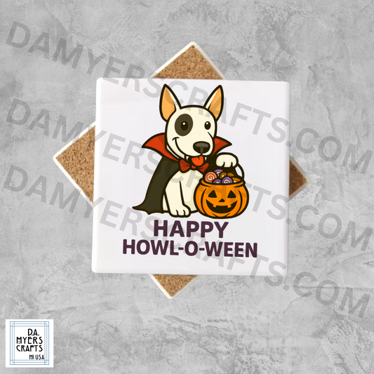 Bull Terrier Dressed As Vampire "Happy Howl-O-Ween" Halloween Coaster