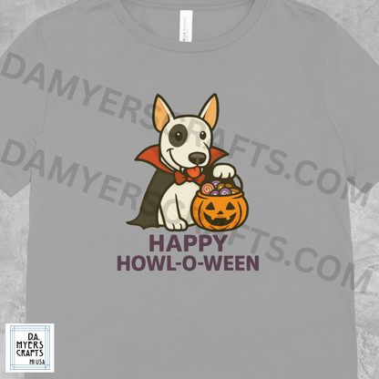 Bull Terrier Dressed As Vampire "Happy Howl-O-Ween" Halloween T-Shirt!