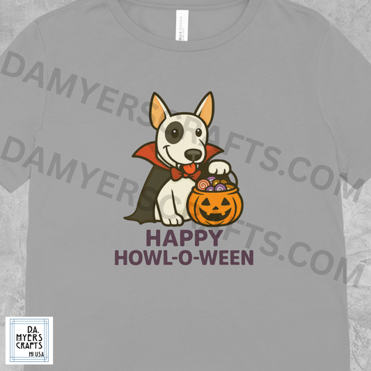 Bull Terrier Dressed As Vampire "Happy Howl-O-Ween" Halloween T-Shirt!