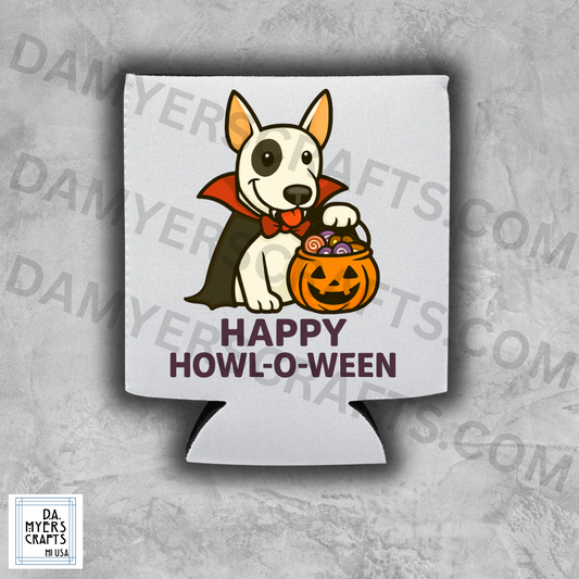 Bull Terrier Dressed As Vampire "Happy Howl-O-Ween" Halloween Koozie/Can Cooler