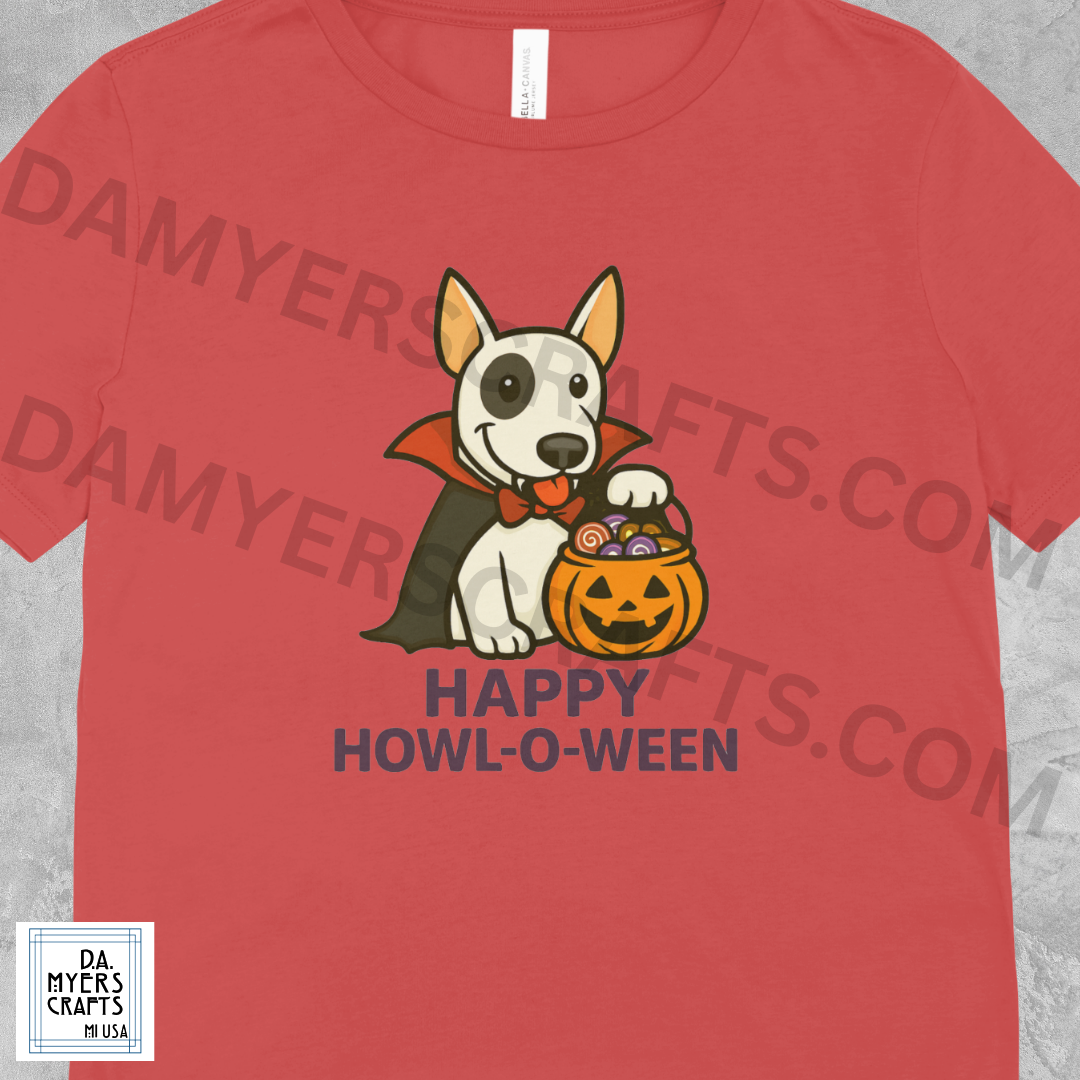 Bull Terrier Dressed As Vampire "Happy Howl-O-Ween" Halloween T-Shirt!