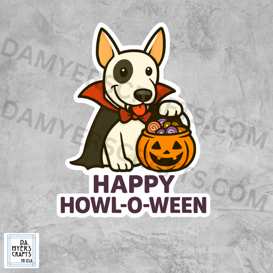 Bull Terrier Dressed As Vampire "Happy Howl-O-Ween" Halloween Sticker!